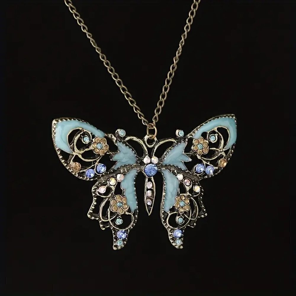 Boho Teal Butterfly Pendant Necklace Art Nouveau Enamel Rhinestone Cottagecore - Picture 3 of 12